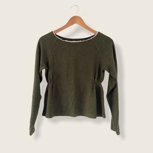 Japanese Boutique Forest Green Long Sleeve Top with White Lace Trim